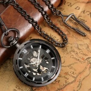 montre a gousset squelette noire mecanique remontage steampunk 795 1