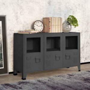 Buffet industriel métal anthracite – Portes vitrées façon casier d’atelier, 105 cm